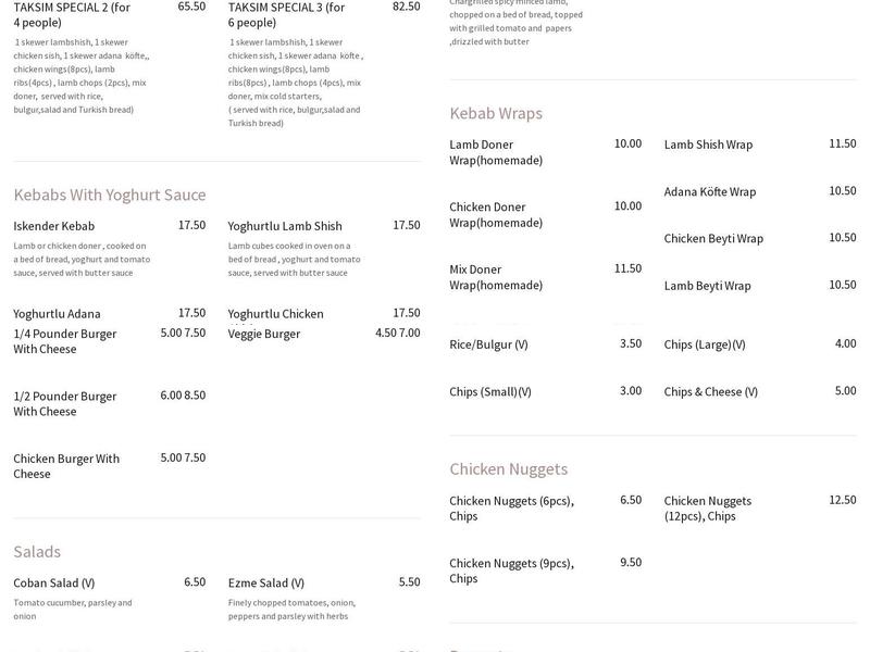 Taksim Restaurant Menu