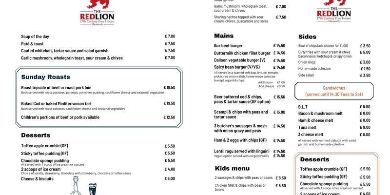 The Red Lion Menu