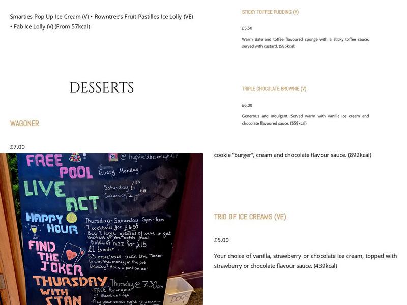 The Highfield in Beverley Menu