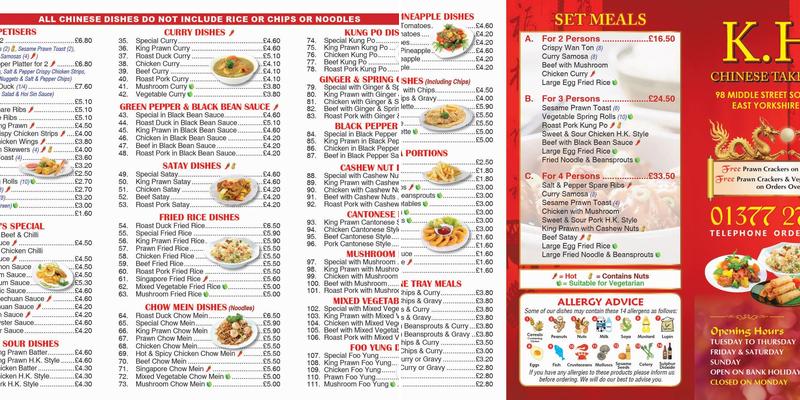 KH Chinese Takeaway Menu