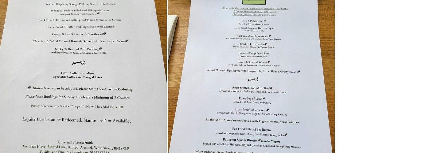 The Black Horse Menu