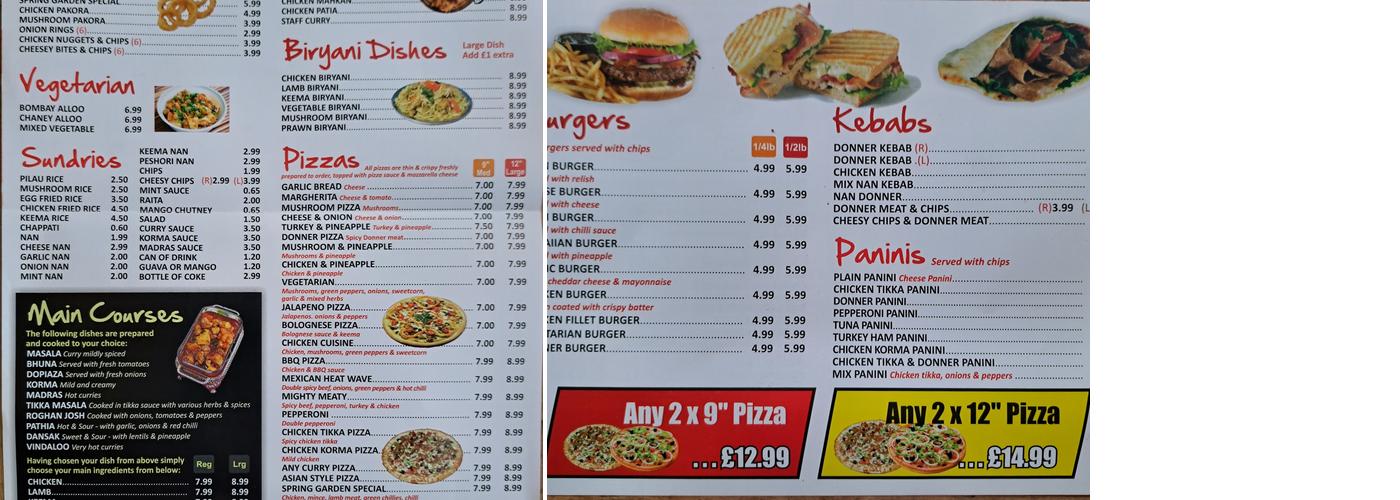 Spring Gardens Takeaway Menu