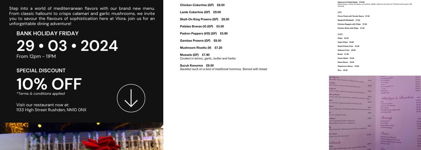 Vlora Restaurant and Cocktail Bar Rushden Menu