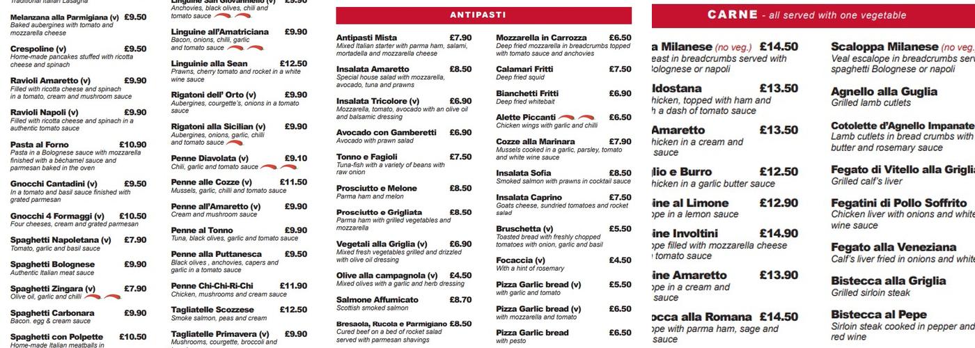 Amaretto Ristorante and Pizzeria Edgware Menu