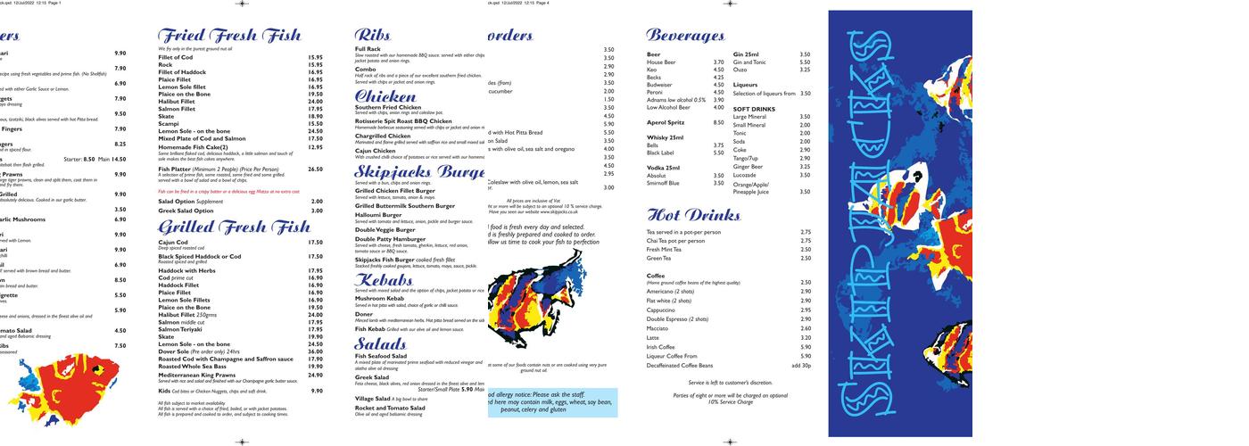 Skipjacks fish and chip takeaway and restaurant. Menu