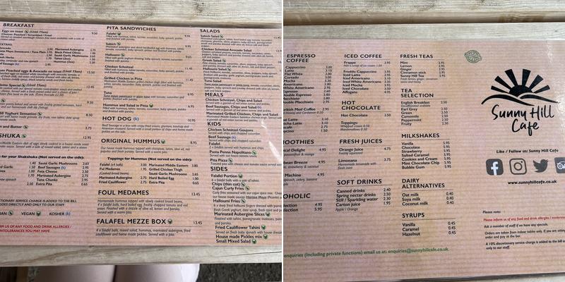 Sunny Hill Cafe Menu