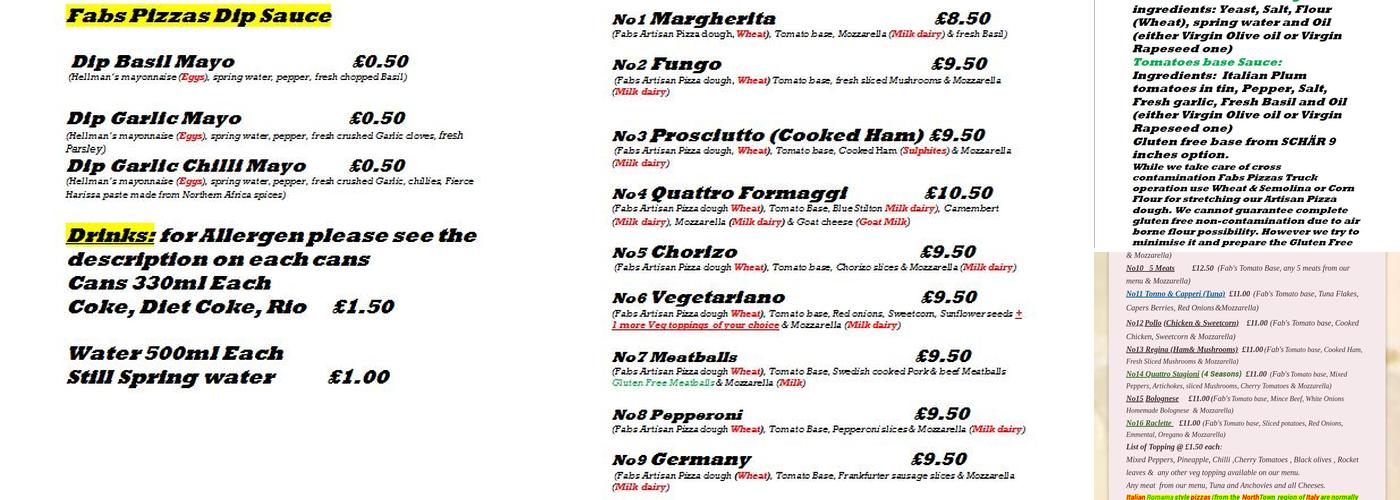 Fabs Fabulous Artisan Pizzas Menu