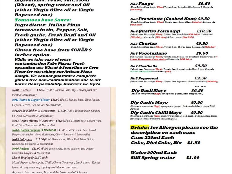 Fabs Fabulous Artisan Pizzas Menu