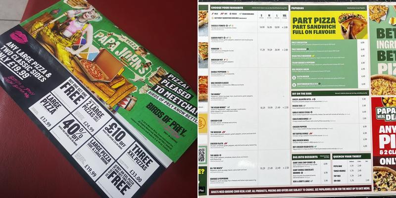 Papa Johns Pizza Menu