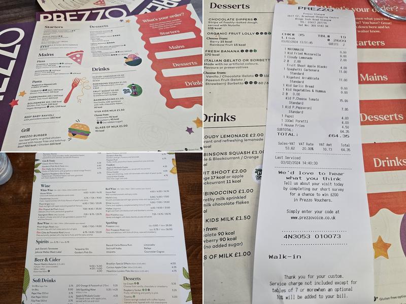 Prezzo Italian Restaurant Glasgow Braehead Menu