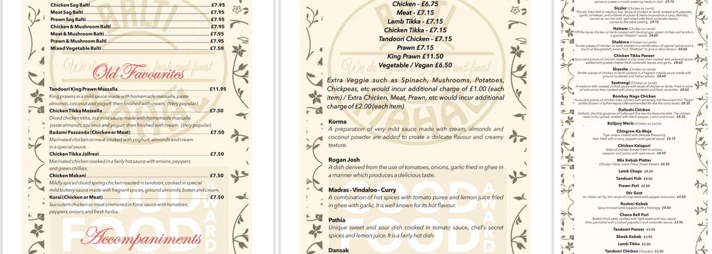 Balti Mahal Menu