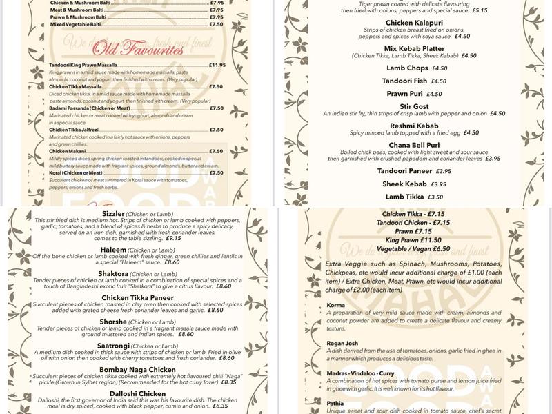 Balti Mahal Menu
