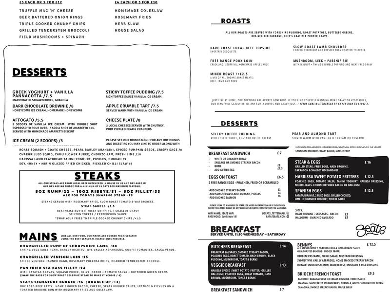 Seats Bistro @ Robinsons Tettenhall Menu