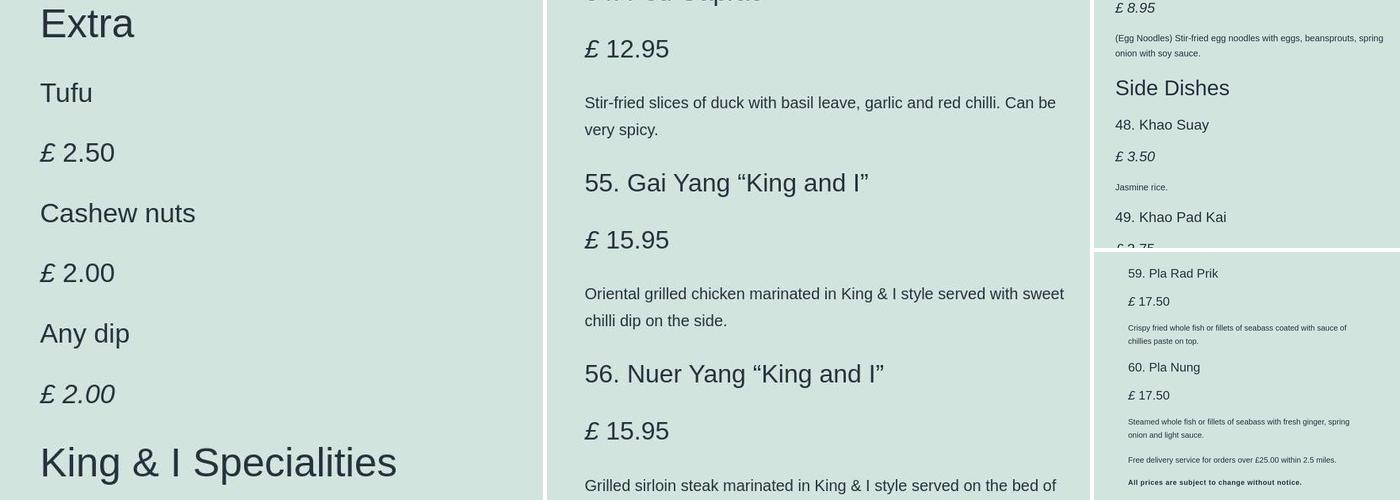 The King & I Thai Restaurant Menu