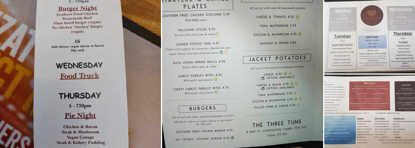 The Three Tuns Menu