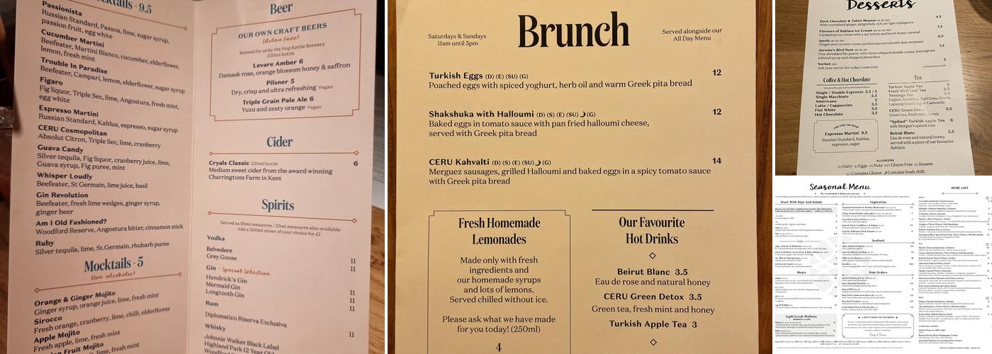 CERU Eastern Mediterranean Restaurant Queensway Menu