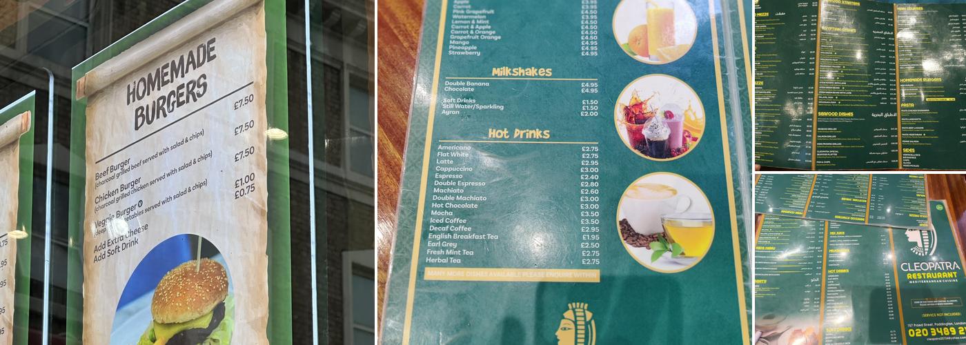 Cleopatra Restaurant Paddington Menu