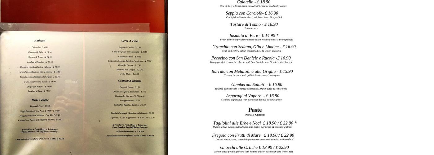 Assaggi Restaurant Menu