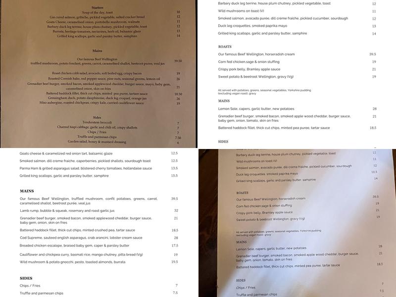 The Grenadier Menu