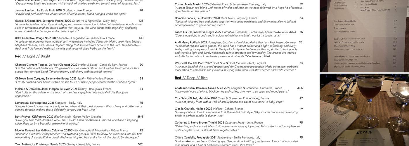 Levan European Restaurant and Bar Peckham Menu
