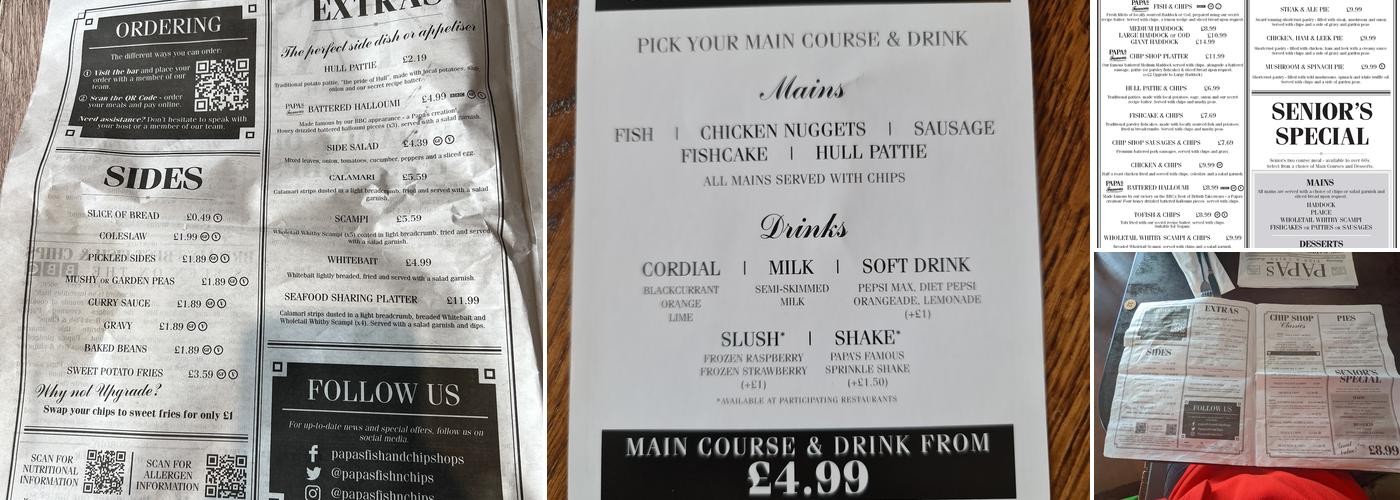 Papa's Fish & Chips Menu