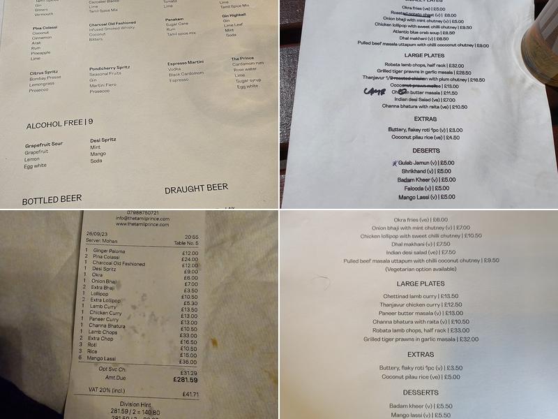 The Tamil Prince Menu