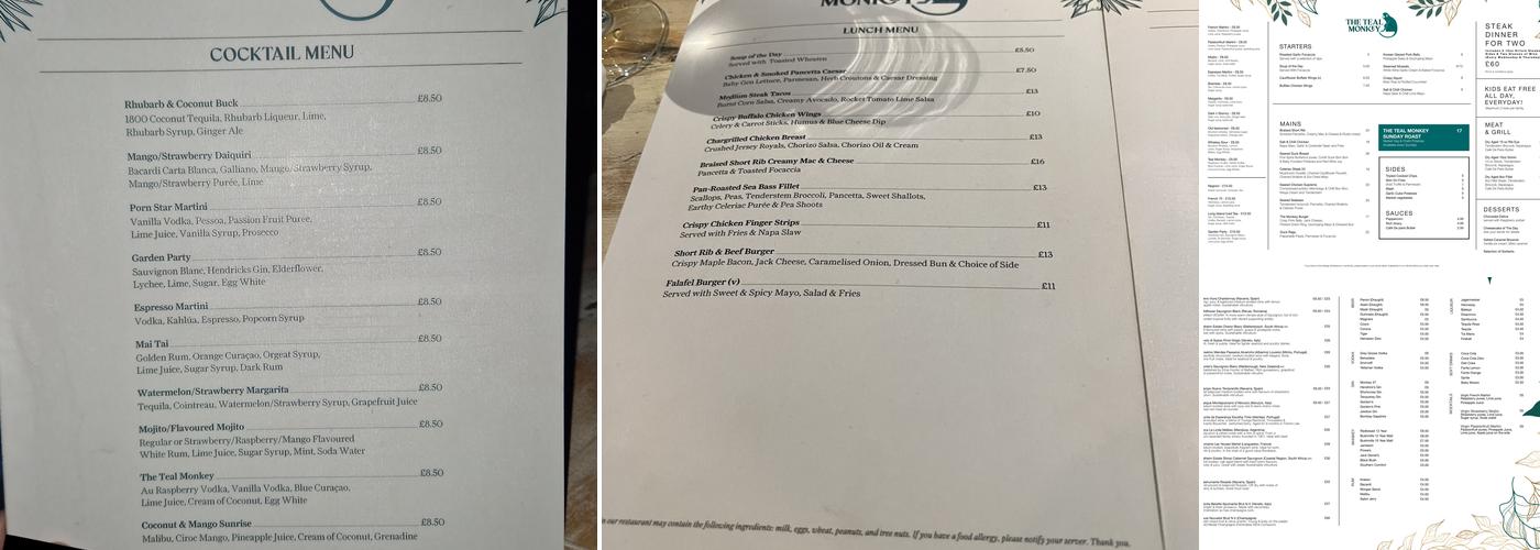 The Teal Monkey Menu