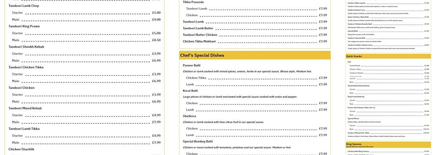 Willenhall Balti Menu