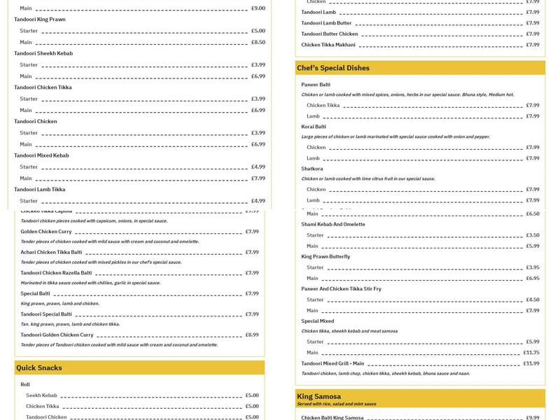 Willenhall Balti Menu