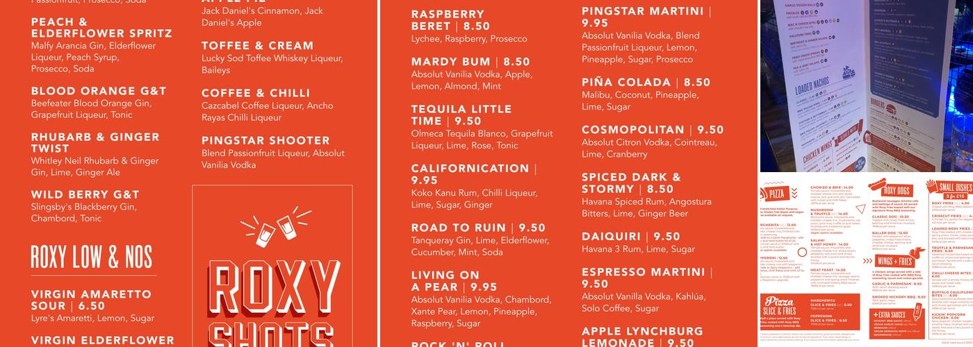 Roxy Lanes Birmingham Digbeth Menu