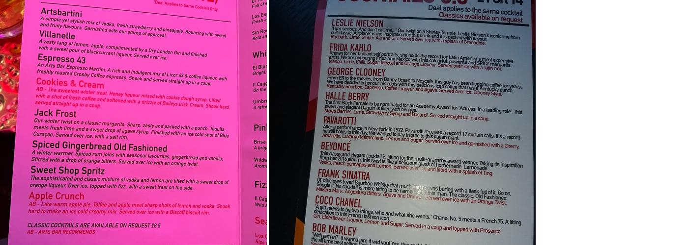 Liverpool Arts Bar Menu