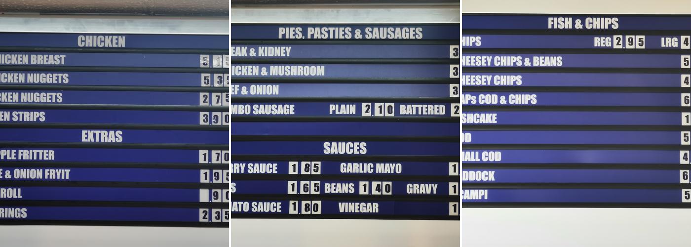Frydays Chip Shop Menu