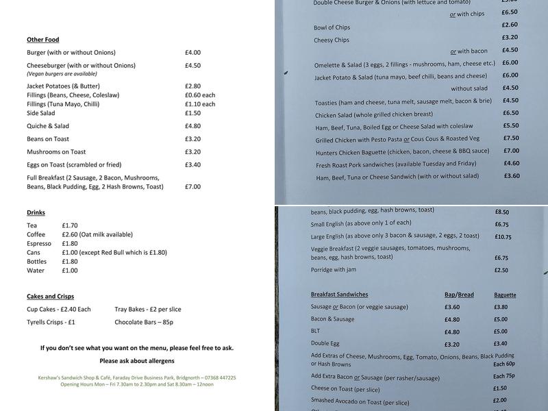 Kershaw's Sandwich Shop & Café Menu