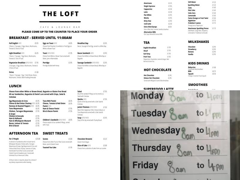 The Loft - Cafe & Lounge Bar Menu