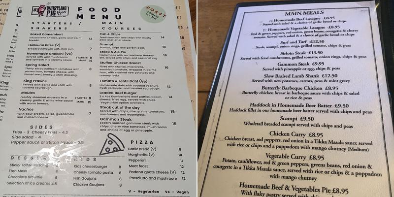 The Whistling Pig Menu