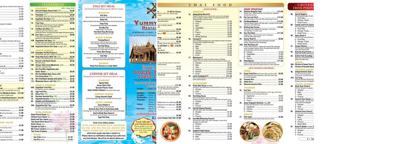 Yummy Thai Menu