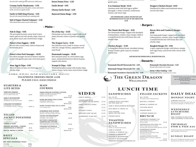 The Green Dragon Menu