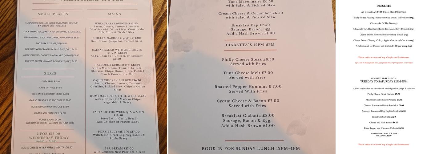 Wheatsheaf Hotel Whitchurch Menu