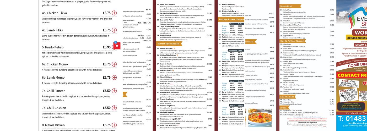 Everest Spice Woking Menu