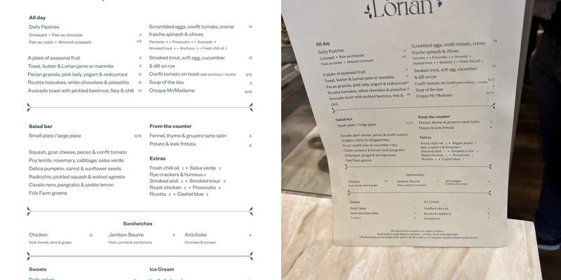 Lorian Delicatessen Menu