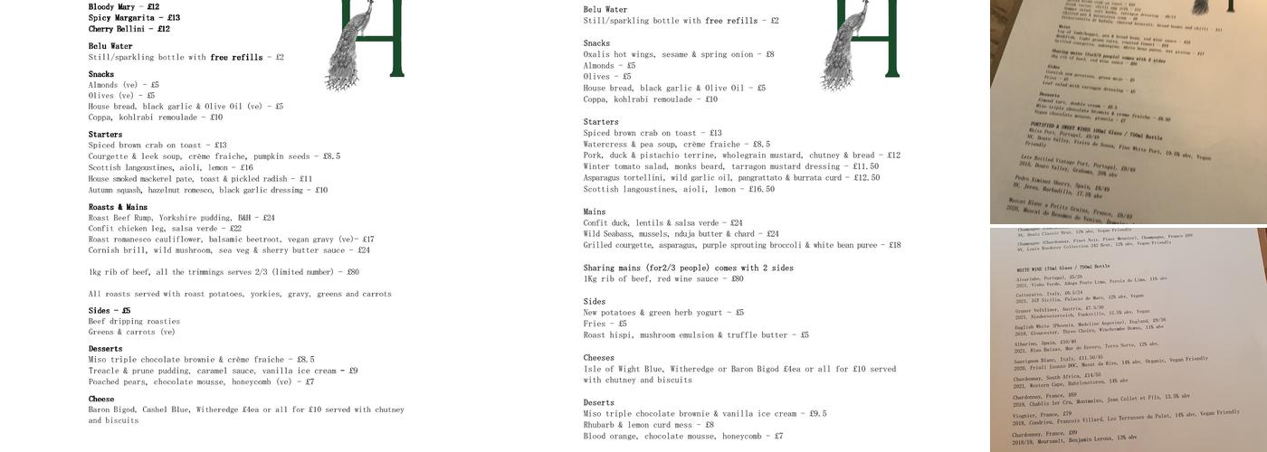 The Holland, Kensington Menu