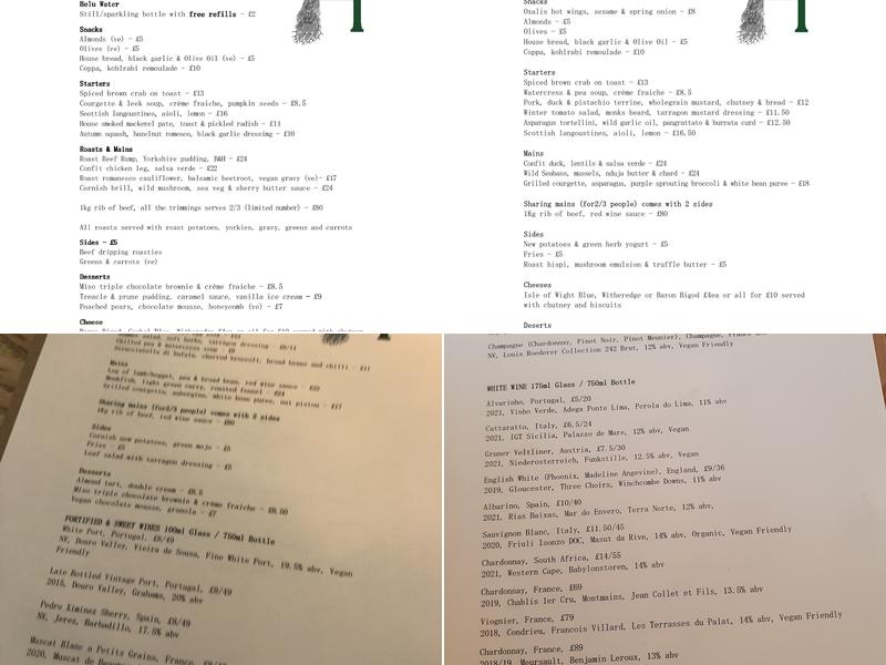 The Holland, Kensington Menu