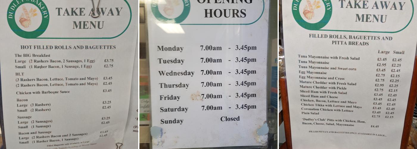 Dudley's Bakery Menu