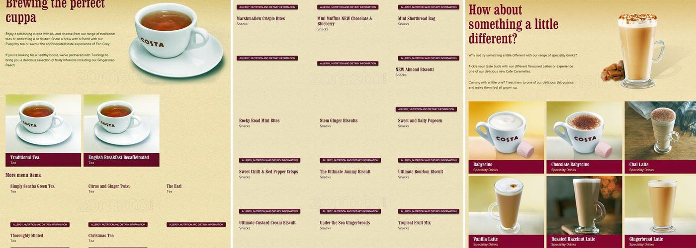 Costa Coffee Menu
