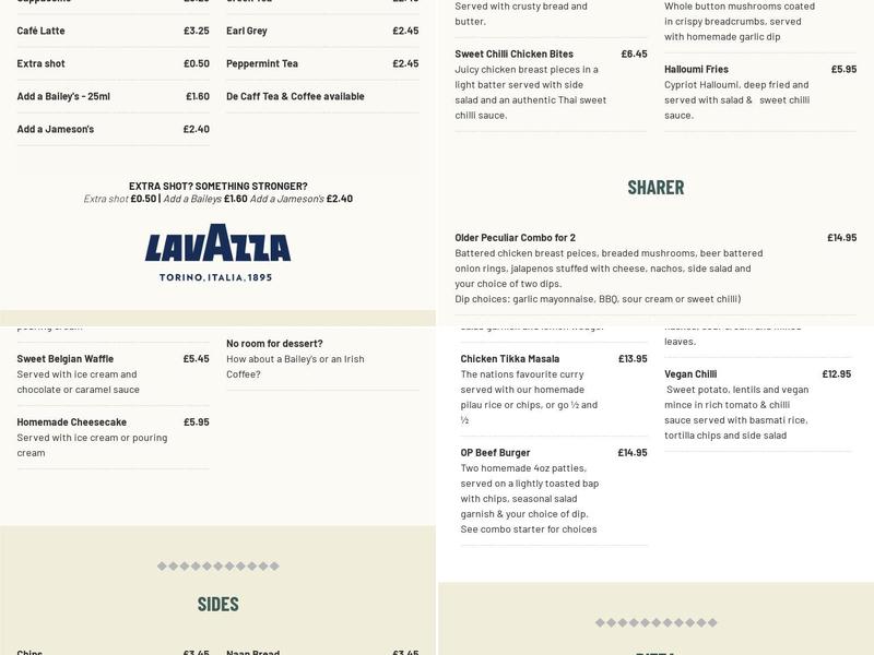 The Olde Peculiar Menu