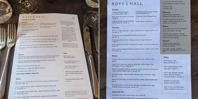 Boys Hall Menu
