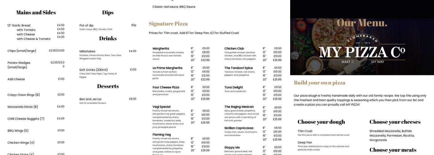 My Pizza Co Menu