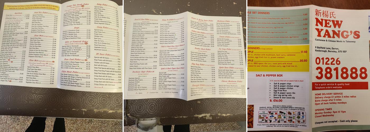 New Yang's Cantonese & Chinese Takeaway Menu