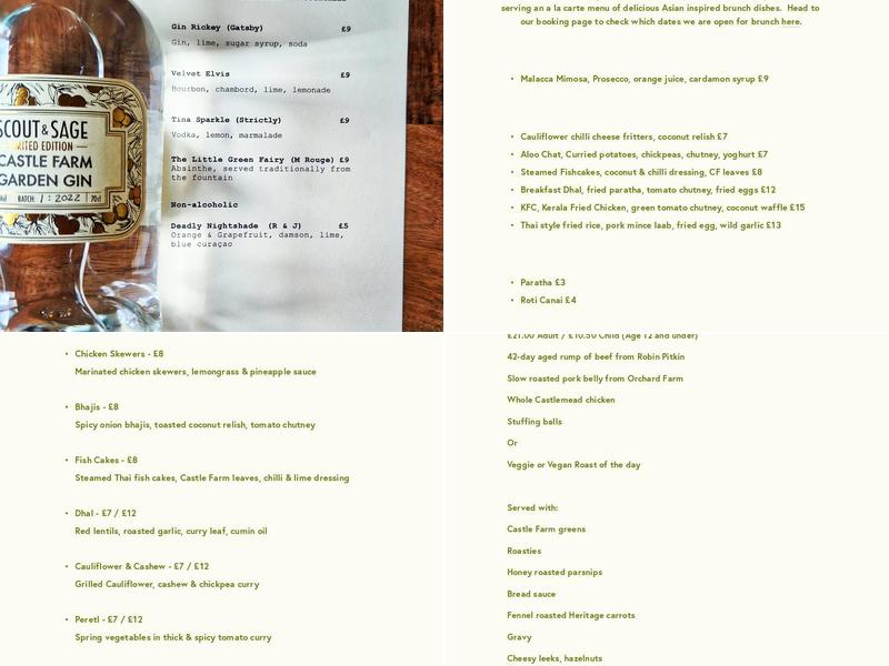 Castle Farm, Midford Menu