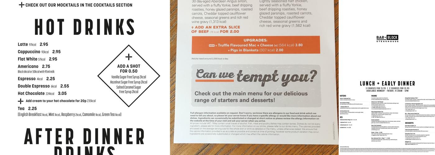 Bar + Block Steakhouse Bath Menu